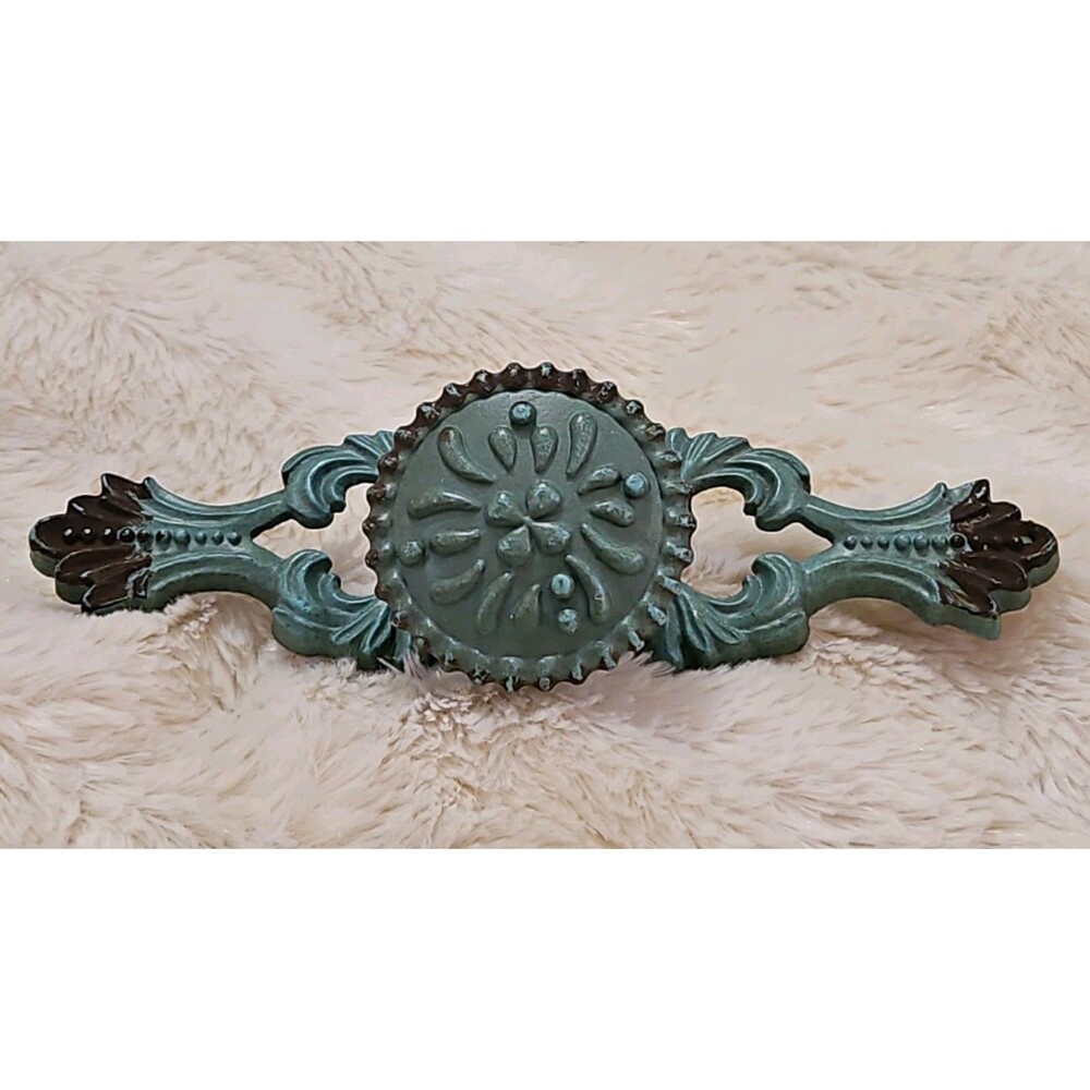 French Vintage Style Teal Blue Metal Rustic Distressed Drawer Pull W/ Back Plate